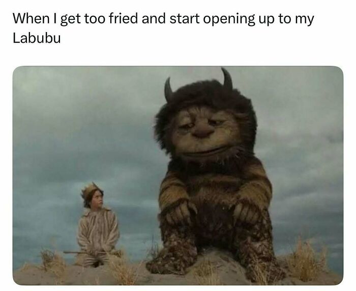 Child in a crown sitting next to a large sad Labubu creature, a humorous meme about handling reality with humor.