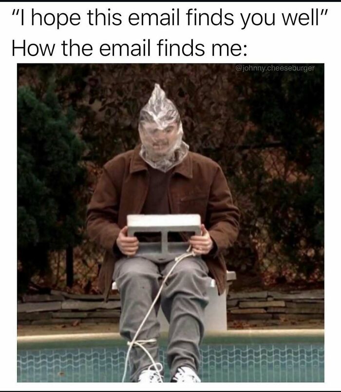 Man with plastic wrapped around head sitting near pool holding laptop, funny meme for reality humor and handling memes online.