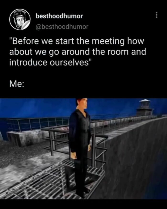 Meme showing a virtual character standing alone on a platform, illustrating awkwardness in memes that are funny.