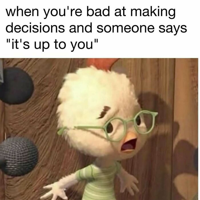 Animated chicken wearing glasses looks confused, representing memes to handle reality with humor and bad decision-making.