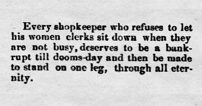 Vintage newspaper clipping showing a humorous and relatable old-fashioned opinion on women clerks sitting down at work.