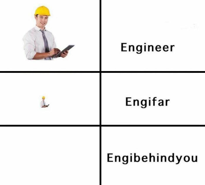 Man in yellow helmet with tablet shown in a dad joke meme featuring funny wordplay on the term engineer.