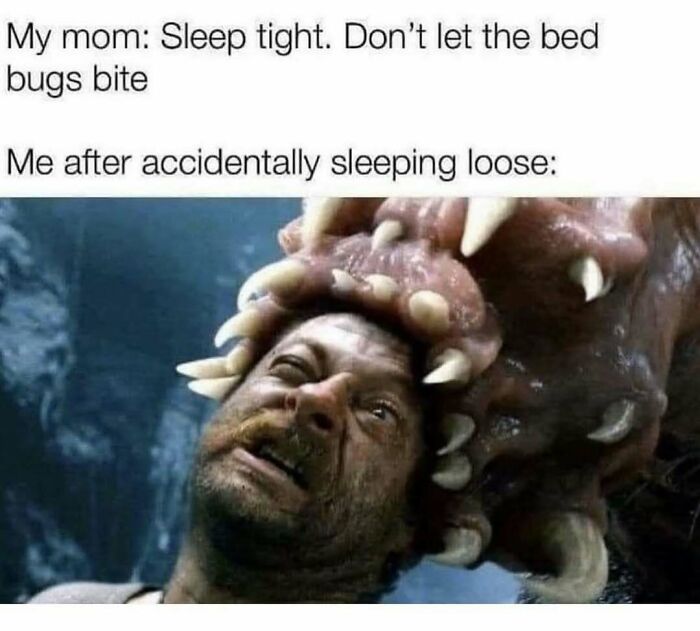 Man with terrified face trapped in monster's mouth, illustrating humor in memes to handle reality with humor and bed bug fears.