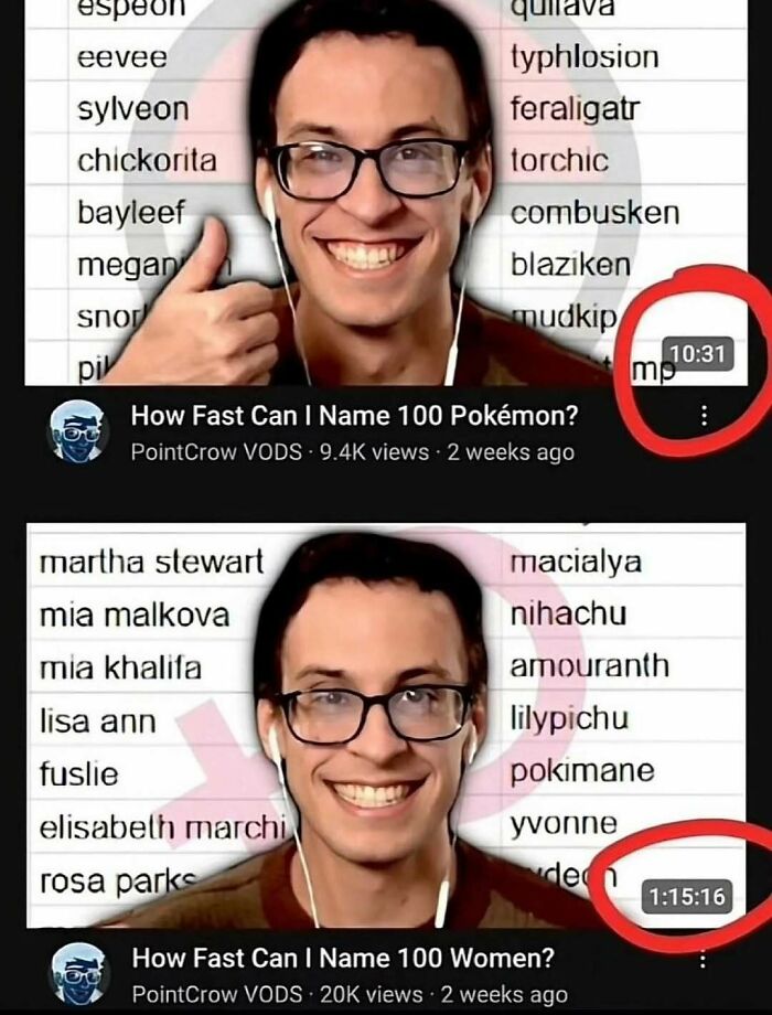 A man wearing glasses and earbuds giving a thumbs-up in two YouTube video thumbnails with meme text backgrounds.