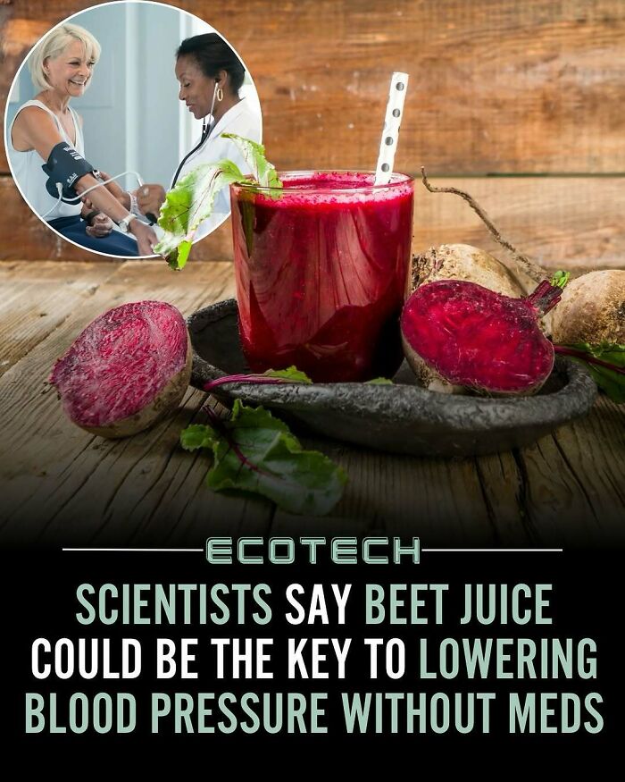 Beet juice on wooden table with a doctor measuring a patient's blood pressure, promoting positivity and health benefits.