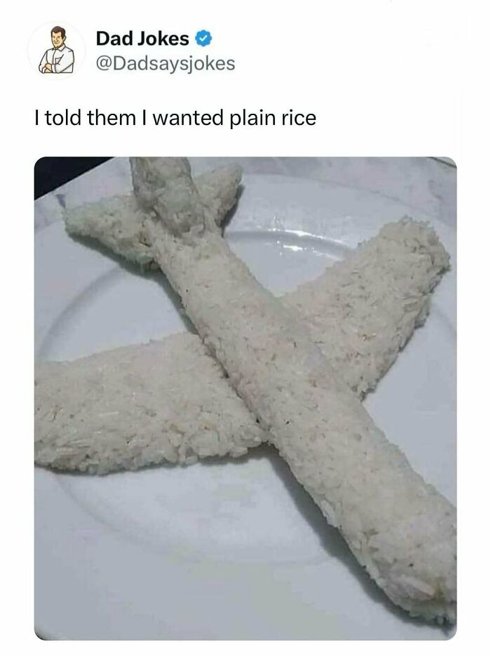 Tweet from Dad Jokes account showing plain rice shaped like a cross as a funny dad joke.