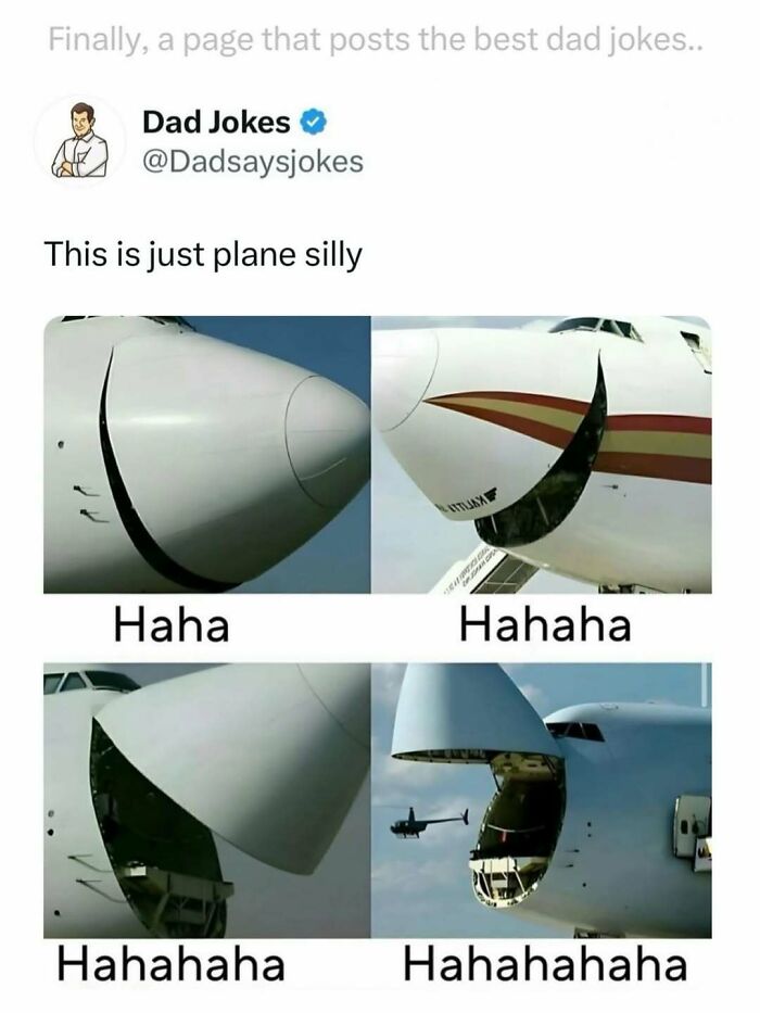 Airplane nose opening shown in stages with dad jokes caption highlighting funny and silly dad jokes humor.