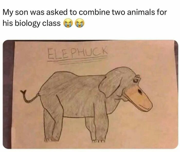 Child’s drawing of a funny animal mashup labeled elephuck combining an elephant and a duck, featured in know your meme humor.