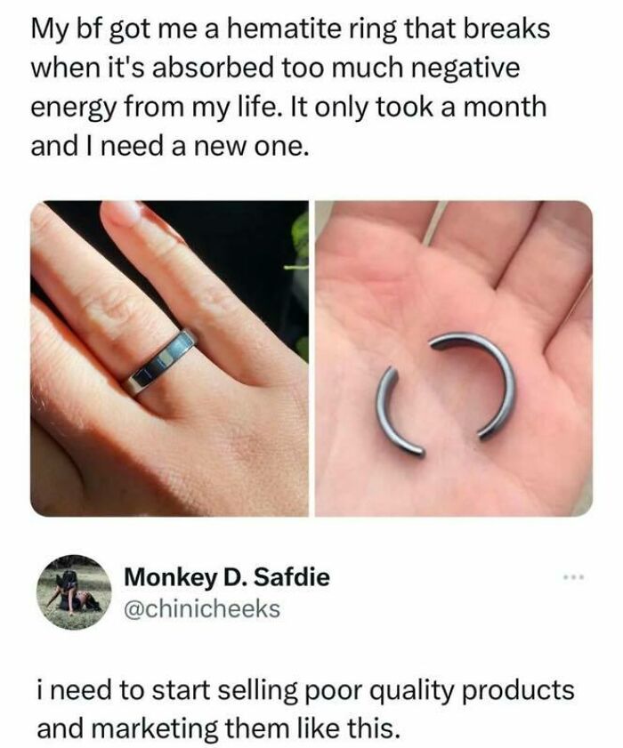 Humorous Know Your Meme post about a hematite ring breaking from negative energy with a sarcastic marketing comment.