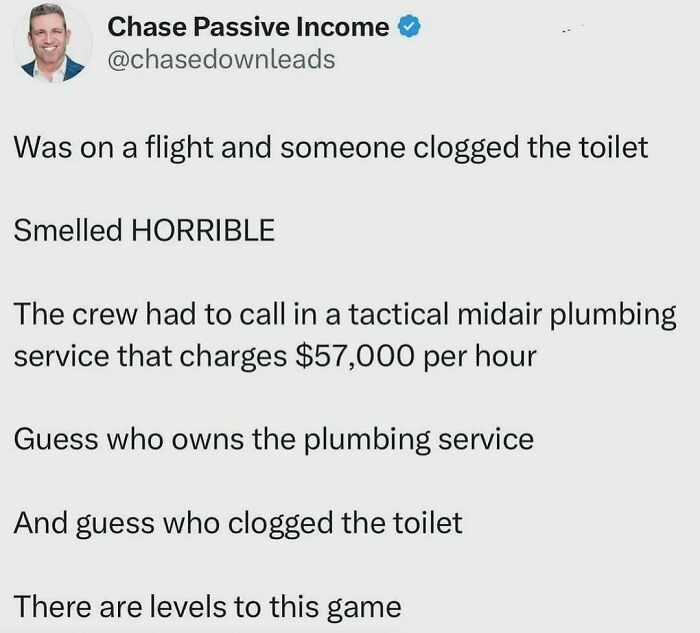 Funny Know Your Meme tweet about a clogged airplane toilet and expensive midair plumbing service charges.