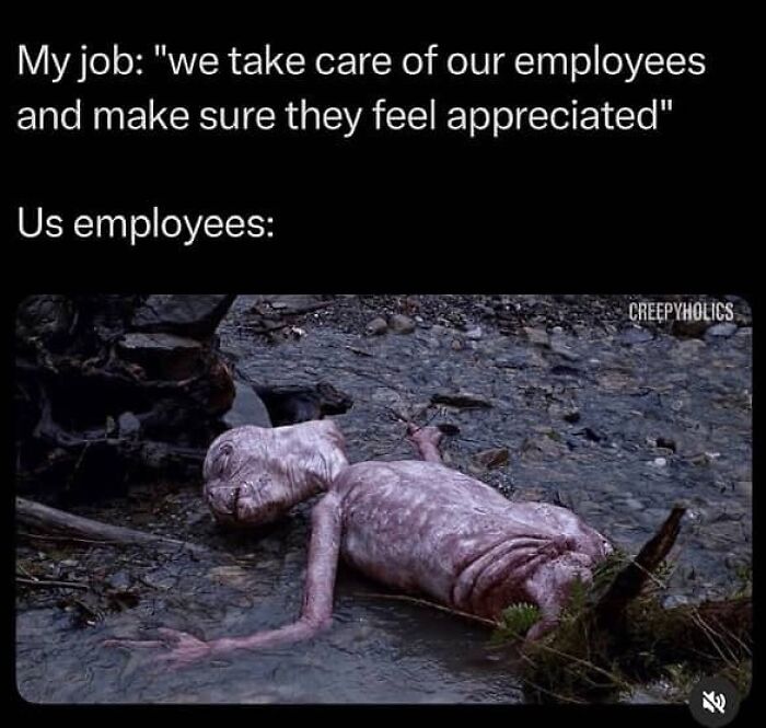 Meme showing a drained alien lying on the ground representing employees, highlighting humor in handling reality.