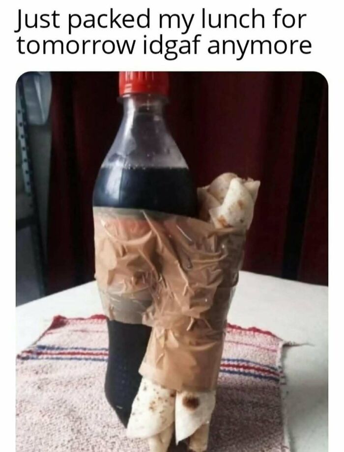 A humorous meme showing a soda bottle taped to two burritos, illustrating memes to handle reality with humor.