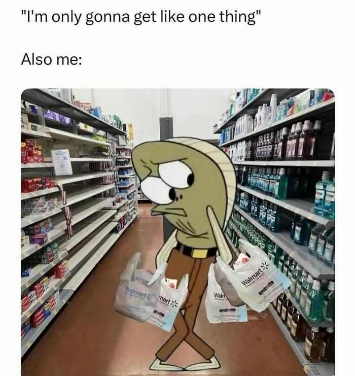 Cartoon character struggling to carry multiple Walmart bags in a store aisle, a humorous meme about handling reality.