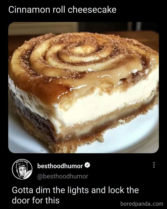 Close-up of a cinnamon roll cheesecake slice with creamy layers, featured in memes that have no reason to be this funny.