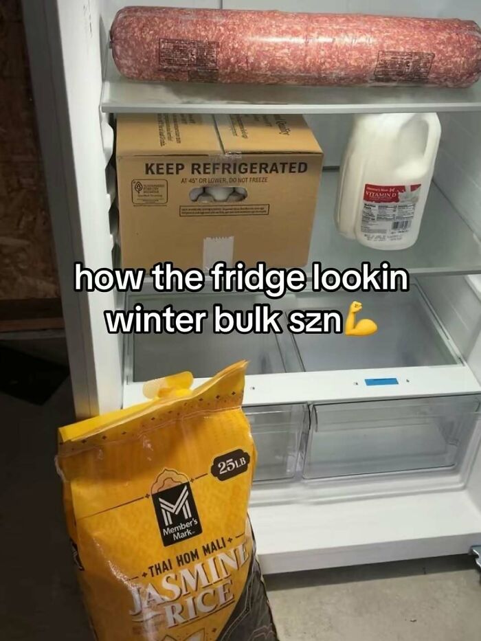Fridge packed with bulk food items including a large rice bag, milk, packaged meat, illustrating dude fridge style.