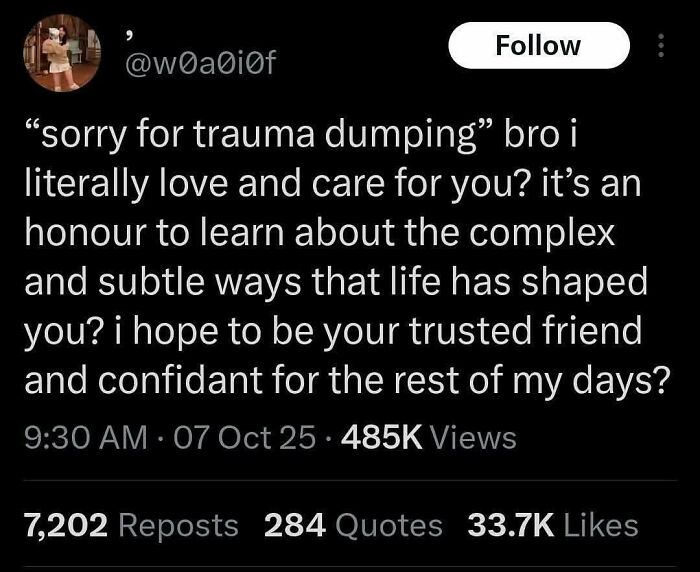 Tweet with a humorous and caring message about trauma and friendship, associated with funny unhinged memes.