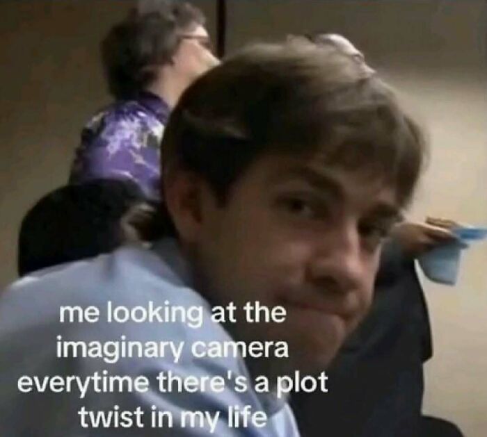 Man looking at imaginary camera with caption about plot twists, a funny meme related to therapist holiday wait time humor.