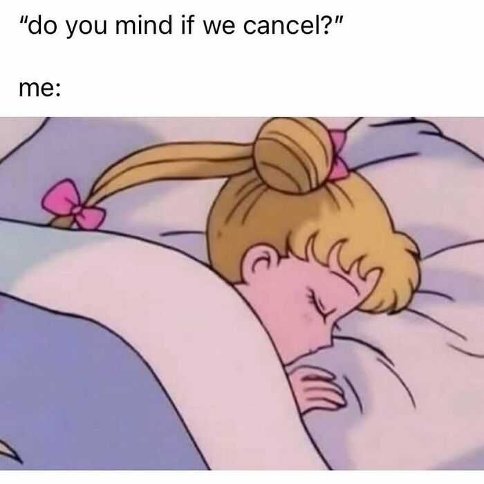 Cartoon character peacefully sleeping in bed with text about canceling, fitting hilarious memes for therapy wait times.