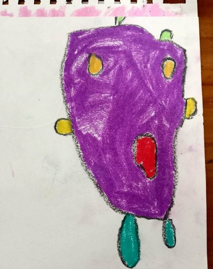 Child's funny drawing of a colorful purple face with exaggerated features, showcasing a flattering portrait by kids with no filter.
