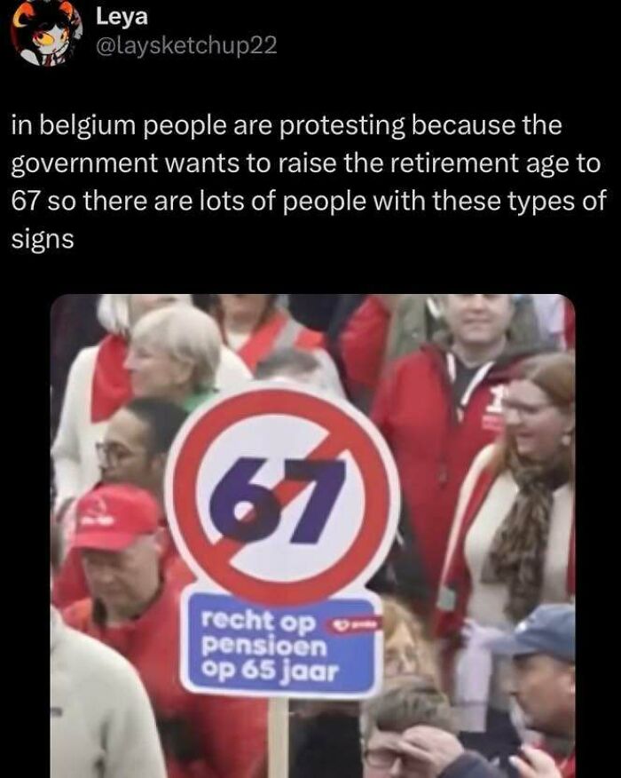 Protesters in Belgium holding signs against raising the retirement age, featured in popular Know Your Meme content.