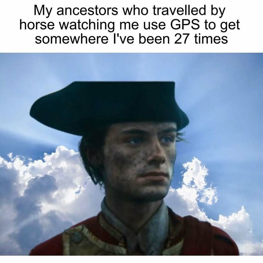 Ancestor in colonial clothing looking serious with sky background, humorous meme for My Therapist Says sharing with therapist.