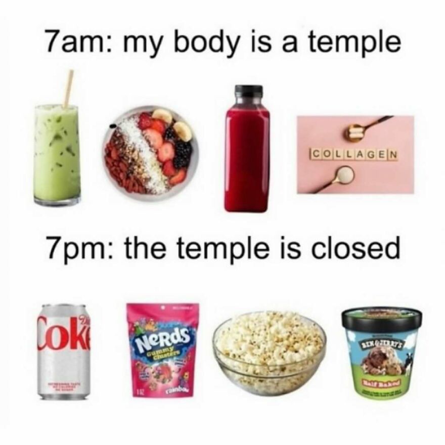 Healthy morning foods and drinks contrasted with evening snacks and treats, illustrating a funny meme about lifestyle and therapy.