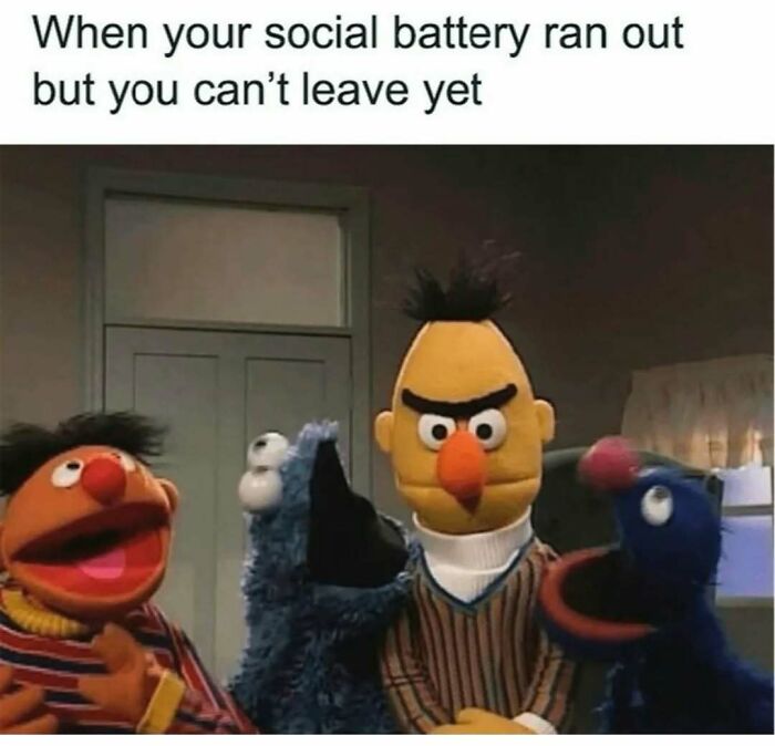Meme featuring Sesame Street characters showing social exhaustion, perfect for scrolling through hilarious memes while waiting.