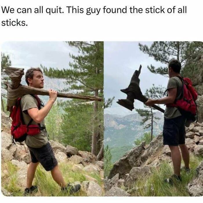 Man hiking in nature holding a large stick shaped like a witch hat, showcasing a funny meme from Know Your Meme.