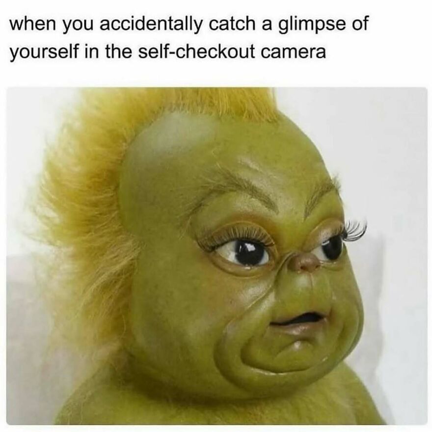 Funny meme showing a surprised green baby doll with eyelashes about self-checkout camera for therapist memes.