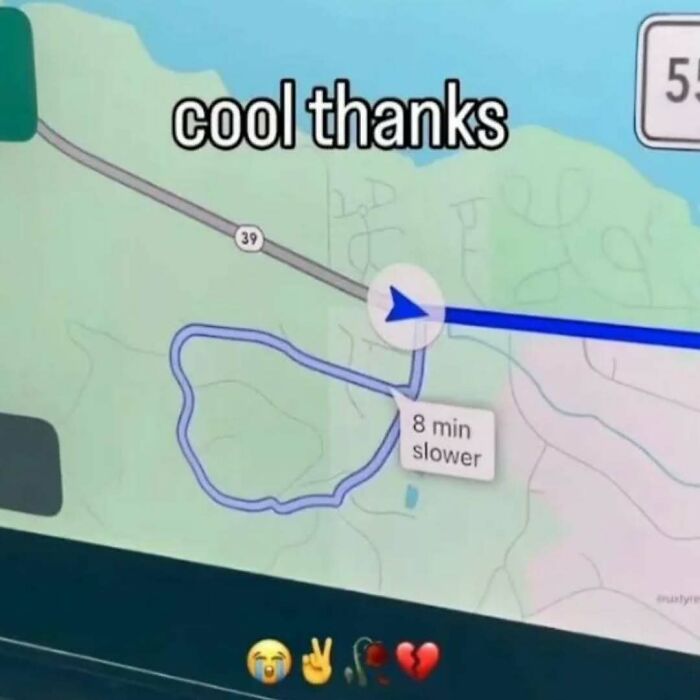 GPS screen showing a longer route with 8 minutes slower warning, featuring a funny meme caption and emojis for humor.