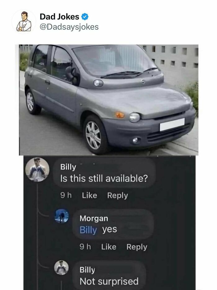 Grey car with unusual design shared on a dad jokes account featuring a funny conversation about its availability.