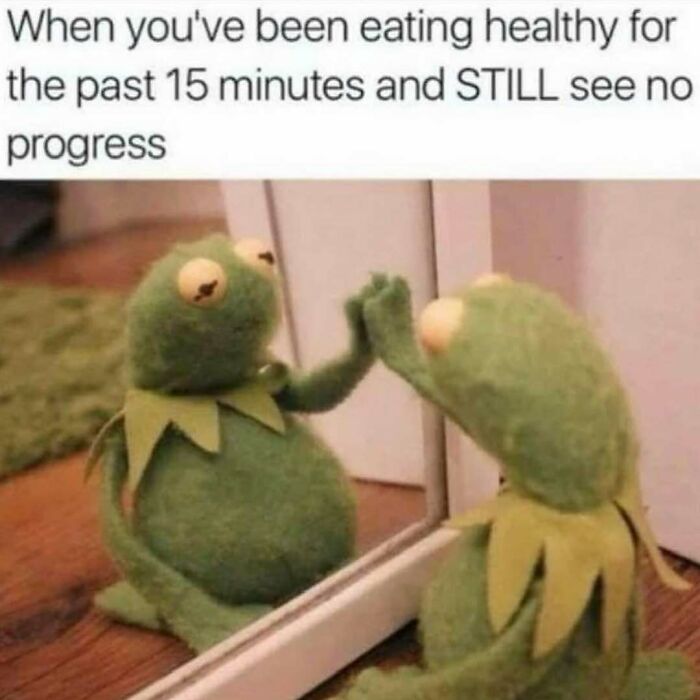 Kermit the Frog looking disappointed in a mirror, illustrating a hilarious meme about no progress despite healthy eating.