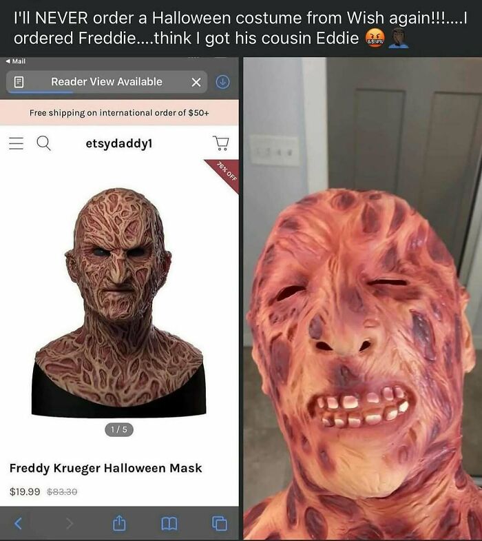 Humorous meme showing a failed Freddy Krueger Halloween mask order for handling reality with humor.