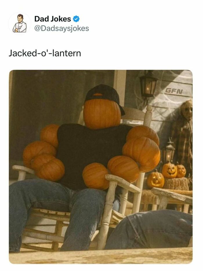 A creative dad joke image showing a pumpkin person with muscular arms and a cap, representing funny dad jokes.