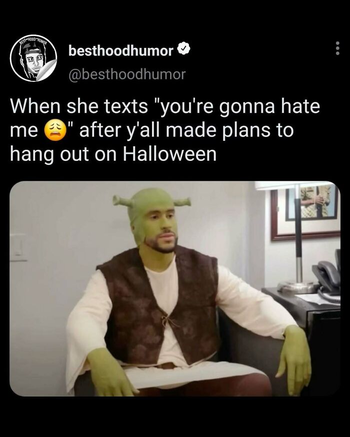 Man dressed as Shrek sitting with a disappointed expression, illustrating memes that have no reason to be this funny.