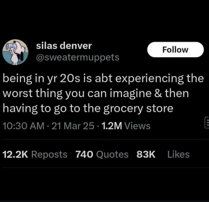 Screenshot of a hilarious Know Your Meme tweet about the struggles of being in your 20s and grocery shopping.