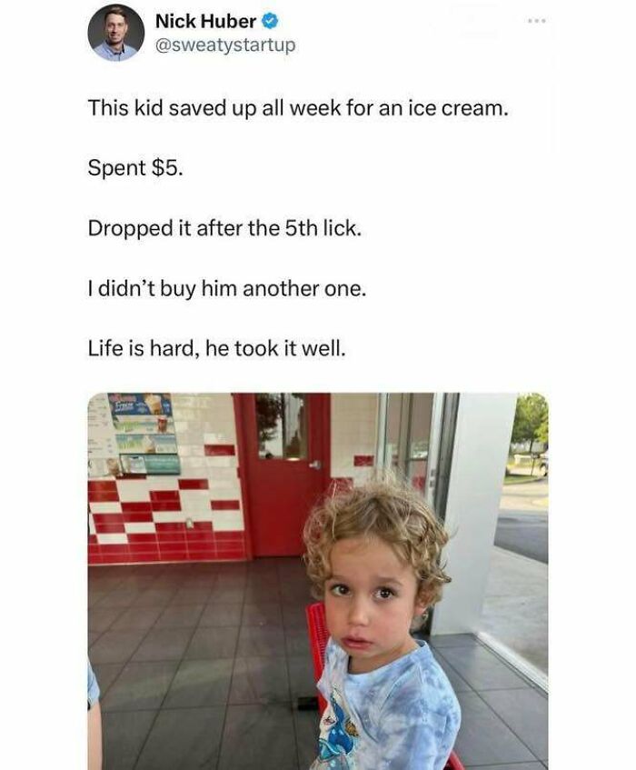 A toddler making a sad face after dropping his ice cream, featured in a Know Your Meme viral post.
