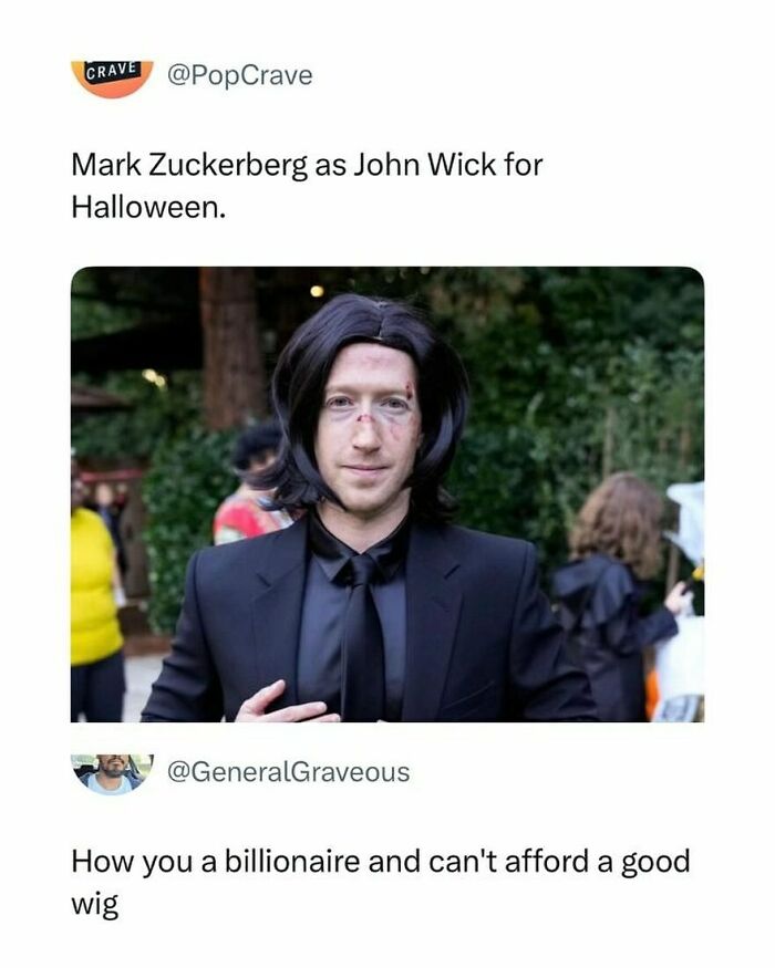Man dressed as John Wick with a poorly styled wig, featured in funny random memes perfect for scrolling during a slump.