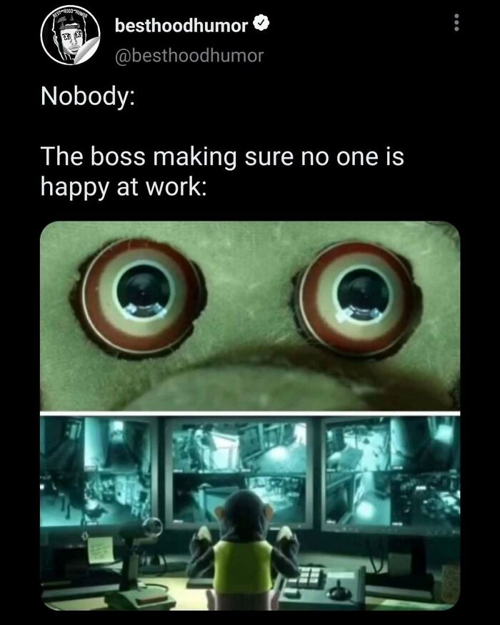 Meme showing a boss closely monitoring employees on multiple screens, capturing funny work surveillance humor.