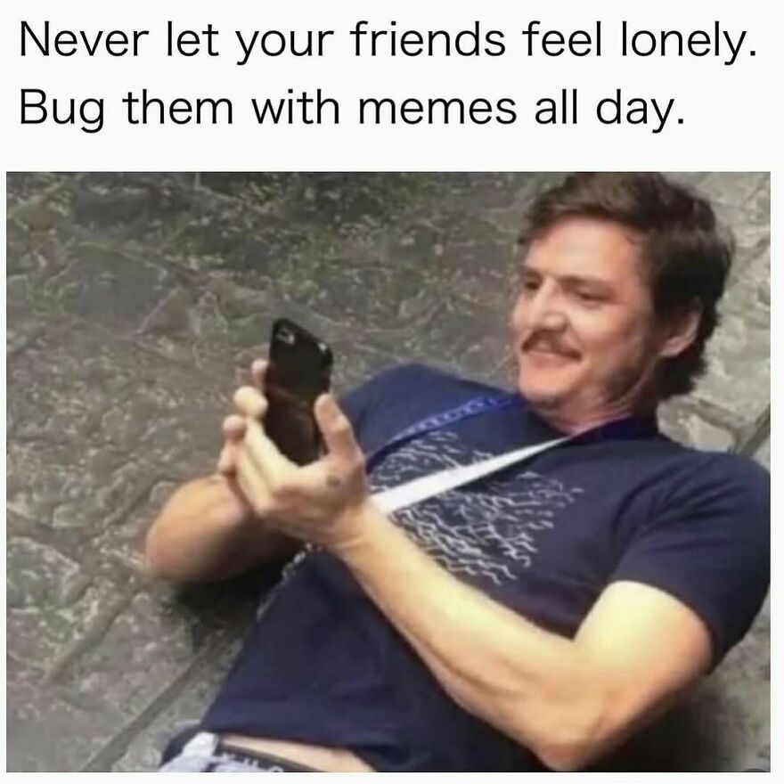 Man lying on the ground smiling at phone with caption about sharing memes to avoid friends feeling lonely, therapy memes theme.