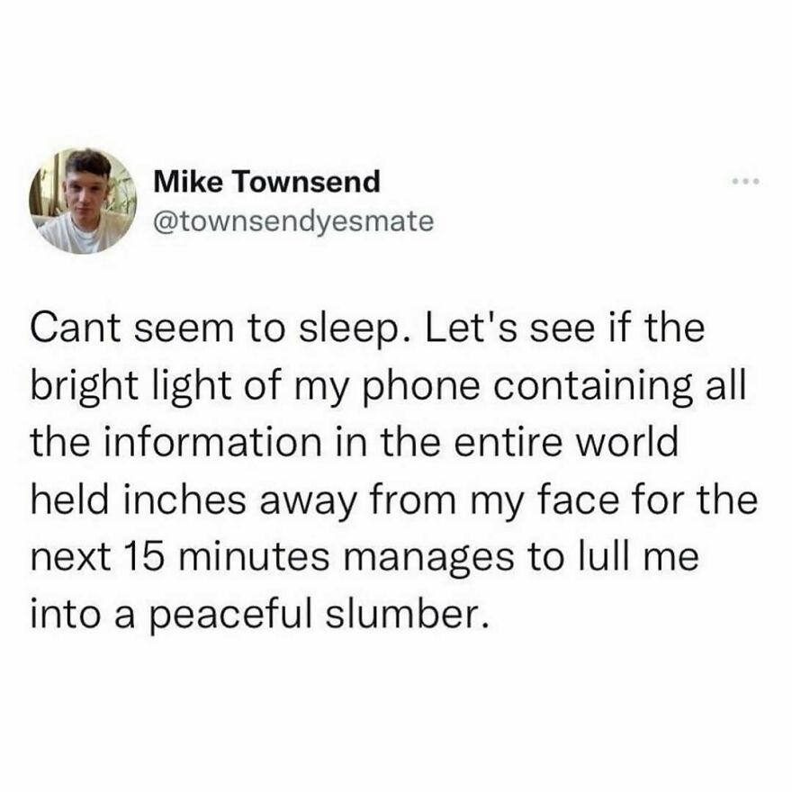 Tweet about struggling to sleep using a phone's bright light, a meme relatable to sharing with your therapist.
