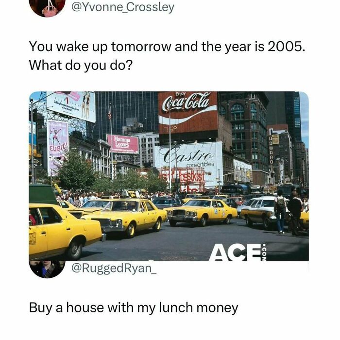 Funny random meme showing a busy 2005 city street with multiple yellow taxis and humorous text about waking up in 2005.