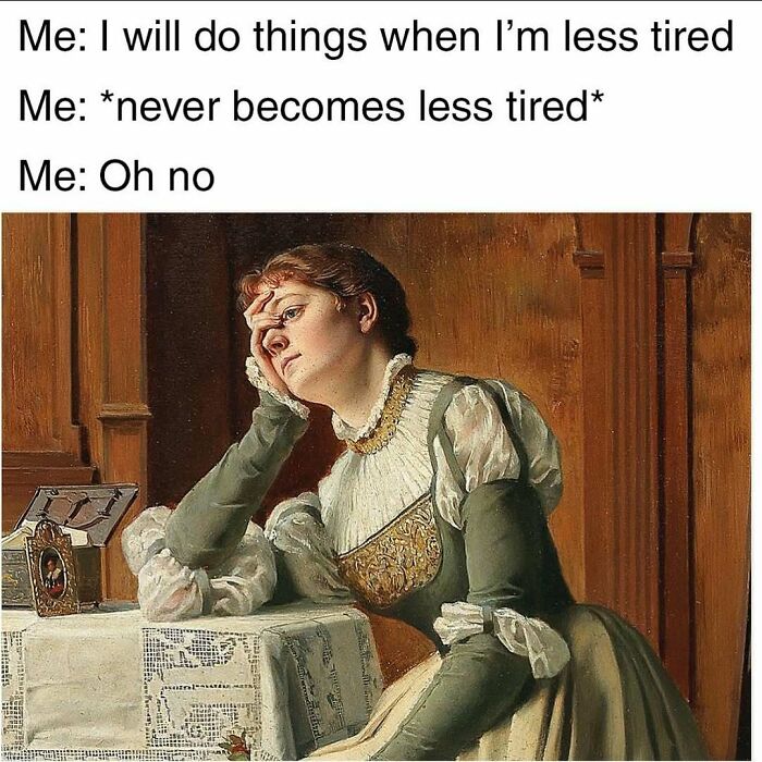 Tired woman resting her head on hand, illustrating humor in memes to scroll through while waiting for therapist.