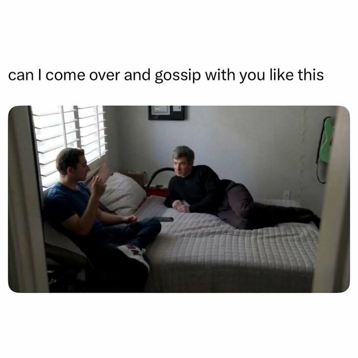 Two men casually gossiping on a bed, illustrating a hilarious meme for you to scroll through while waiting.