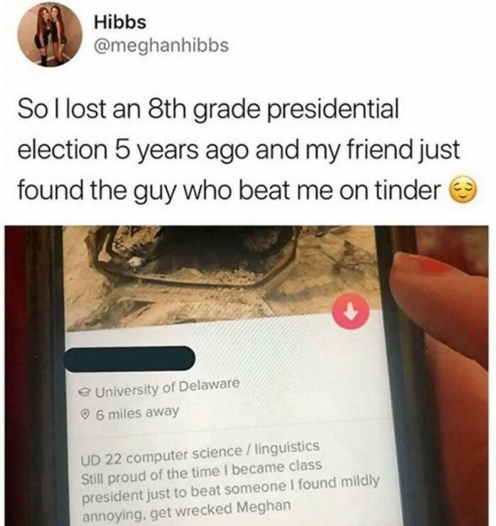 Funny Know Your Meme post about losing an 8th grade election and finding the winner on Tinder.