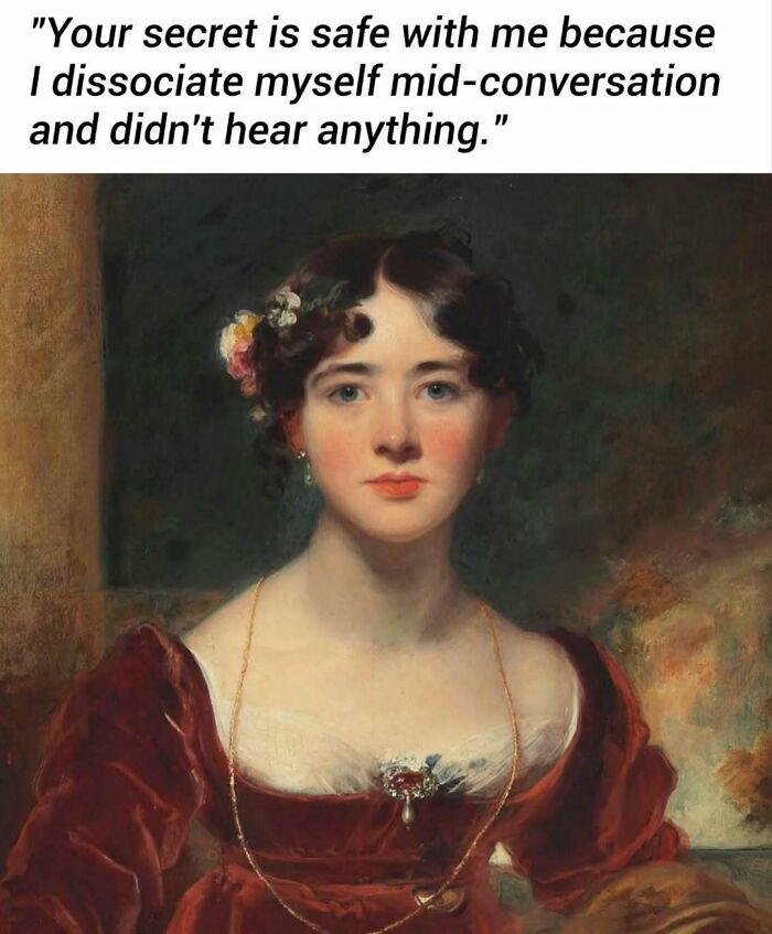 Classic painting of a woman with flowers in her hair and a humorous meme about dissociation and therapy sessions.