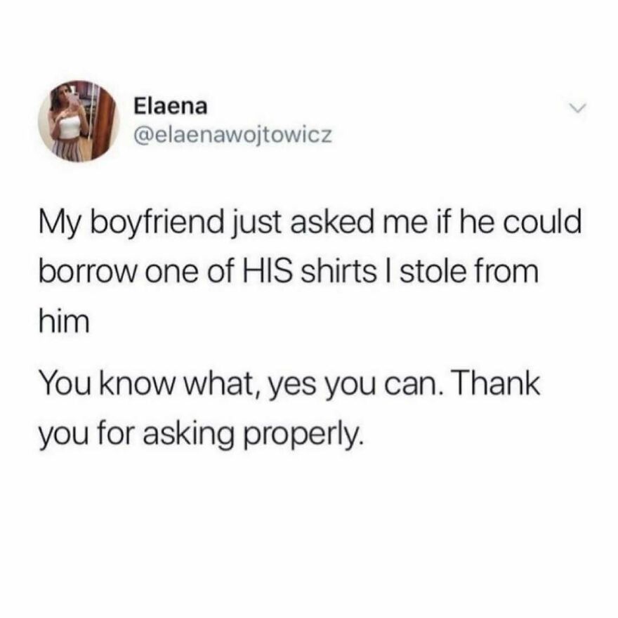 Tweet about a boyfriend asking to borrow a shirt he originally owns, featured in therapist memes to share.