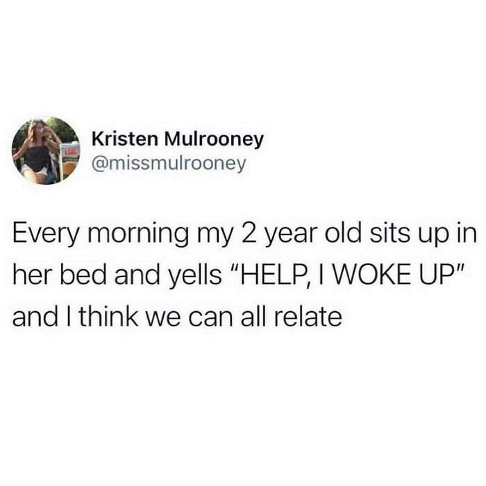 Tweet about a 2-year-old yelling help upon waking up, featured in hilarious memes for therapist wait time.