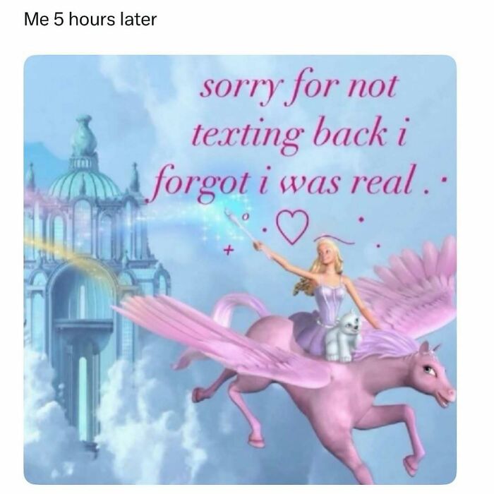 Funny meme showing a fairy riding a pink winged horse with text about forgetting to text back, humor for therapy wait time.