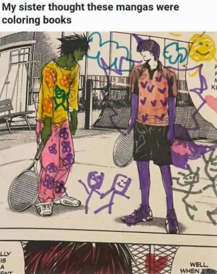 Colored manga characters with doodles and caption about sister mistaking mangas for coloring books, a funny Know Your Meme meme.